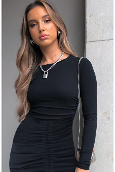 MODA ŞEHRİ Women's long sleeve crew neck smocked front ribbed knit dress