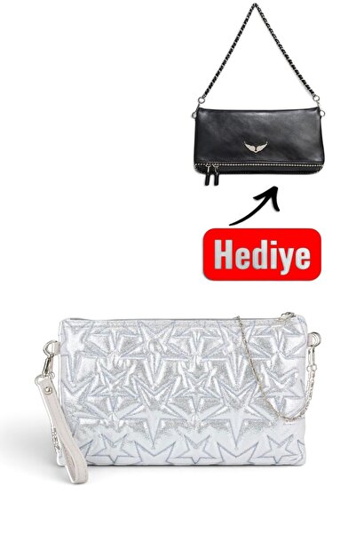 Morlex Gümüş Yıldız Dokuma Portföy Çantası Kadın 2 Zincirli Omuz Çantası Hedi...