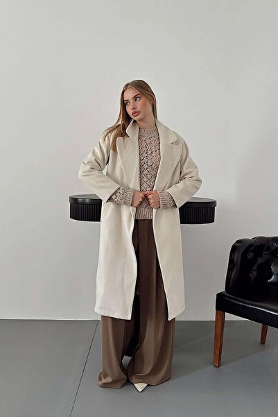 Moda Days Women's Ecru Long Coat Jacket with Collar, Buttons and Pockets, Pla...