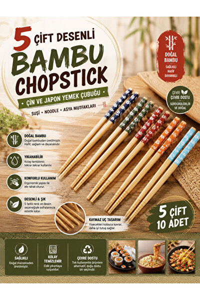 Ufak Tefek Şeyler 5 Pairs of Patterned Bamboo Chopstick Washable Chinese and ...