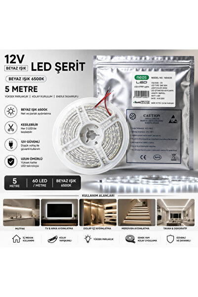12V Beyaz Işık Şerit LED 5 Metre - 6500K Soğuk Beyaz (Metrede 60 LED) SMD 2835 Mutfak & TV Arkası Yapışkanlı Aydınlatma