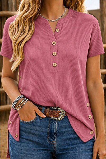 JANES Women's Short Sleeve Judge V-Neck Buttoned Twisted Blouse