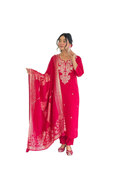 MYSMAR Pink Roman Silk Salwar Kameez & Dupatta Set - HRT5675 | Pink-Size:XL-4...