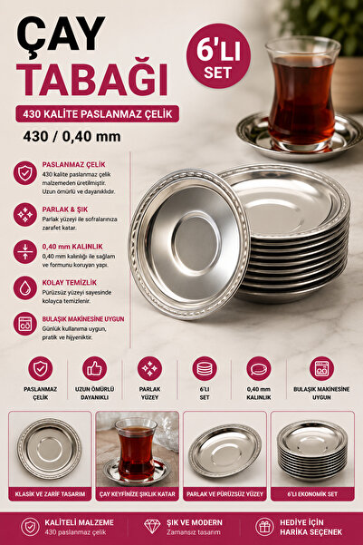 Northern Star Çay Tabağı 6lı Paslanmaz Çelik Metal Parlak Çay Tabak Lokanta K...