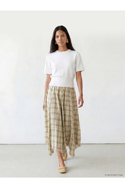 LC Waikiki Green Plaid Asymmetrical Cut Skirt with Elastic Waist