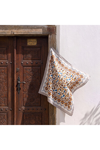 Ege Fular Şal Ottoman Serisi İpek Şal – Dilber | 90x90 cm Bej-Gri İpek Rayon ...