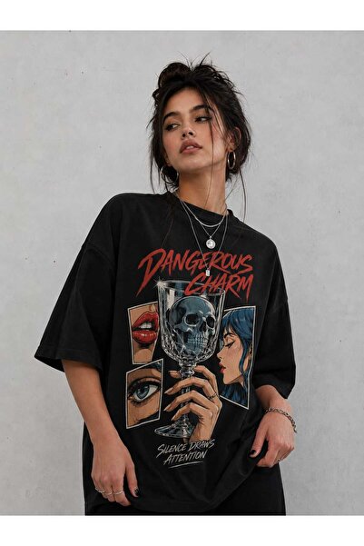 Dangerous Charm unisex Oversize Grafik Baskılı %100 Pamuk Siyah Tişört