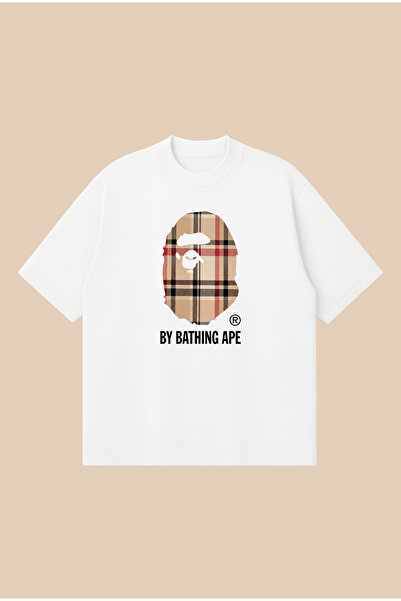 PURE POWER تي شيرت بني منقوش بطبعة Bape كبير الحجم وقصّة مربعة للجنسين مصنوع ...