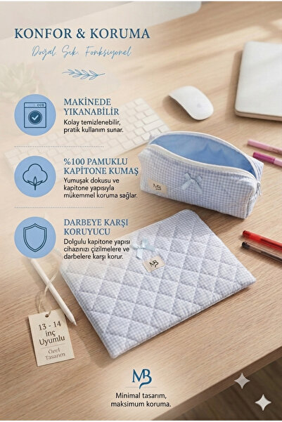 MB Blue Gingham Patterned Bow Laptop Sleeve - Pen Holder Set - 13 Inch - 14 Inch Compatible - Washable