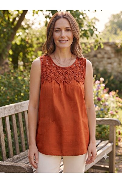AYASOFYA OTANTIK Women's Italian Lace Collar Zero Sleeve 100% Cotton Blouse