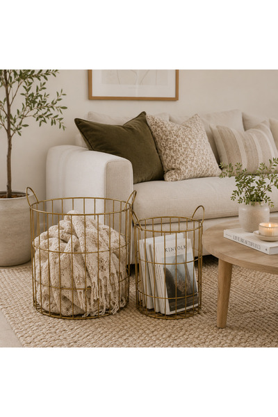Homelves Marketplace Lexa Round Metal Storage Baskets, Set of 2 - Gold