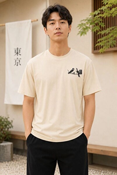 Mariposa Secret Men's Front and Back Tokyo Bird Flower Printed Oversize T-Shi...