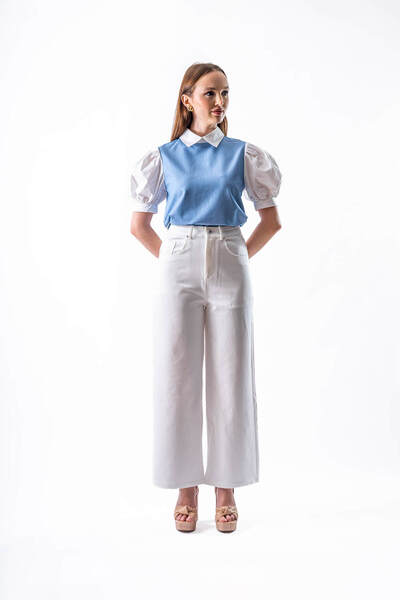 2TRENDY Women's Vintage Collar Layered Blouse White Light Blue Color