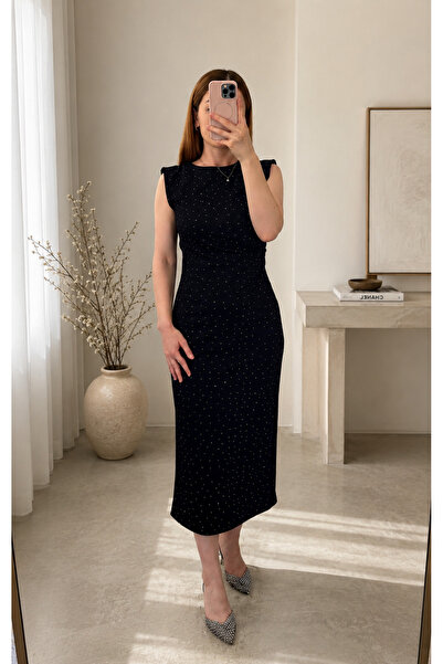Nida Boutique Sıfır Kol Vatkalı Taşlı Krep Elbise