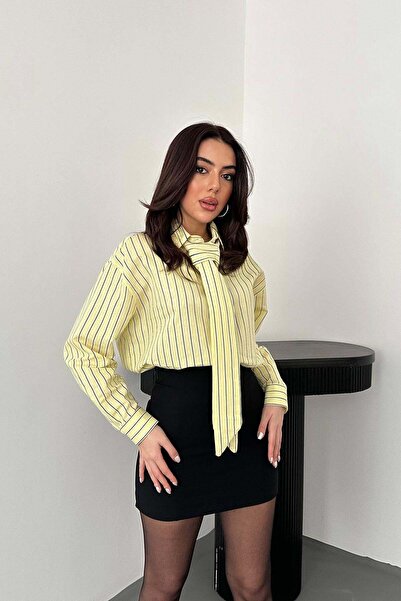 Moda Days قميص نسائي أصفر اللون برباط حول الرقبة وأكمام طويلة وأزرار منسوجة