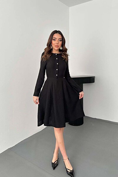 Clothes Fast فستان نسائي قصير أسود اللون بياقة دائرية وأزرار وأكمام طويلة وقص...