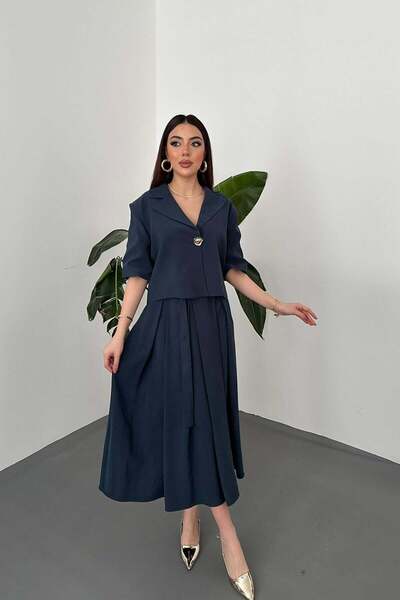 Moda Days طقم جاكيت وتنورة نسائي باللون الأزرق الداكن، جاكيت قصير بزر واحد، ت...