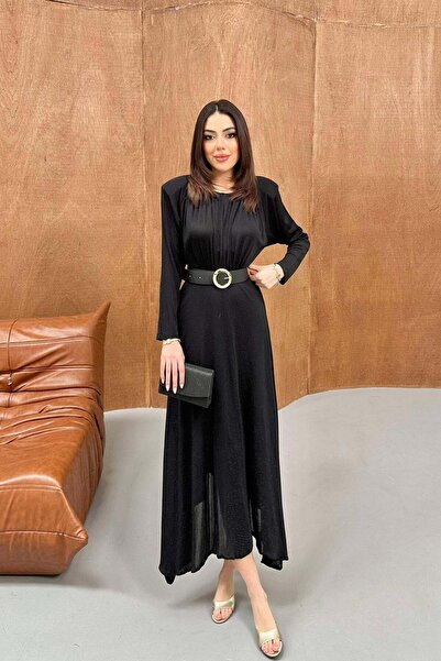 Clothes Fast فستان ماكسي نسائي أسود بأكمام طويلة وتفاصيل حزام لامع وياقة دائرية