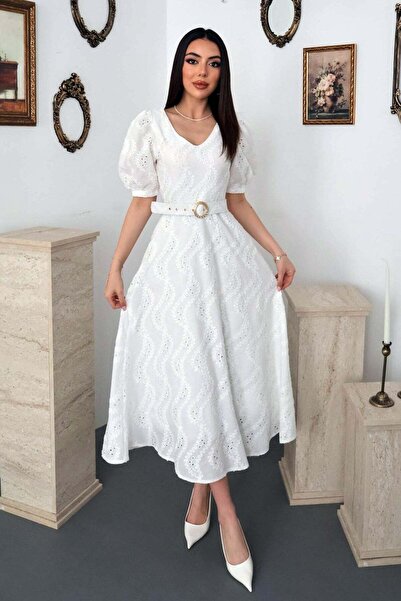 Clothes Fast فستان نسائي متوسط الطول بياقة على شكل حرف V وأكمام بالون مطرزة و...