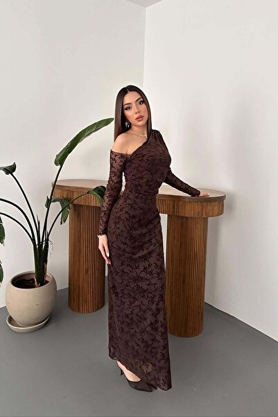 Moda Days فستان ماكسي نسائي بني شفاف مزين بالزهور بكتف واحد وأكمام طويلة مبطن