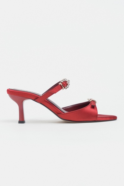 NİŞANTAŞI SHOES Calista Red Satin Buckle Detail Pointed Toe Women's Heeled Sl...