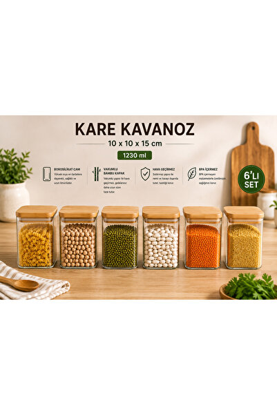 Karçiçeği Home 6’lı 1230 ML Kare Borosilikat Cam Saklama Kavanozu – Vakumlu Bambu Kapaklı – 10 × 15 cm - 8459-1