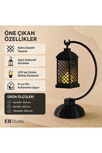 EBStudio Kavisli Standlı LED Işıklı Dekoratif Fener – Askılı Masaüstü Ev ve O...