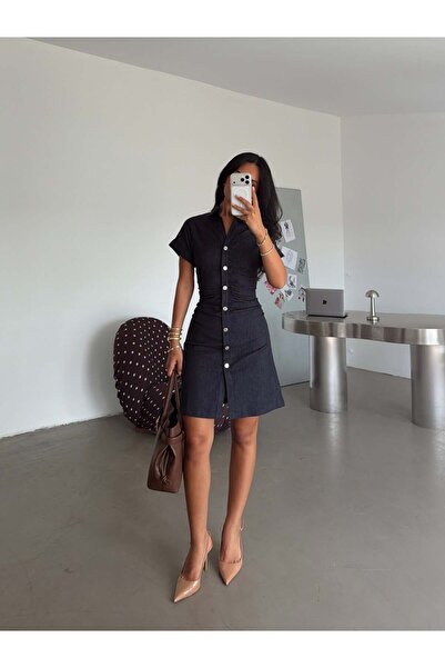 myd Gathered Front Mini Denim Dress - Navy Blue
