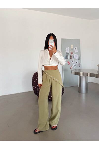 myd Modal Palazzo Trousers with Shawl Detail - Green