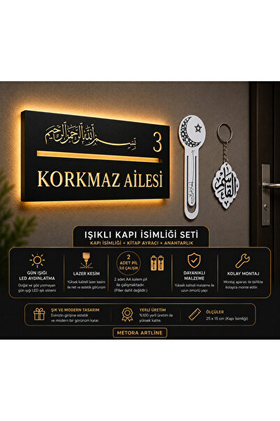 metora Kişiye Özel Işıklı Kapı İsimliği Seti – Besmeleli LED Kapı İsimliği, A...