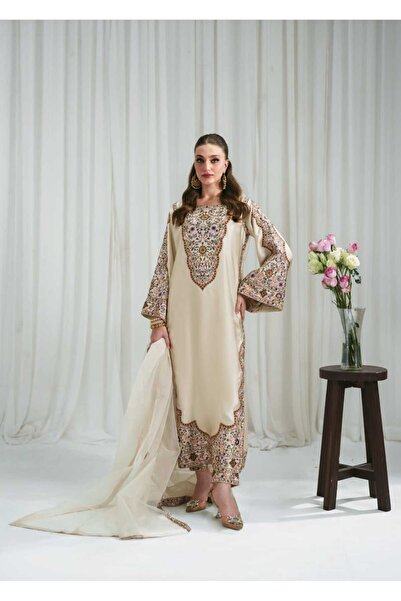 Bazm-A Fashion Atelier Affordable Golden Kurti/Pajama-3 Pcs Set