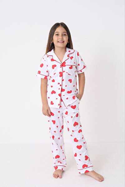 Olivera Heart Patterned Comfortable Cut Girls' Buttoned Pajama Set