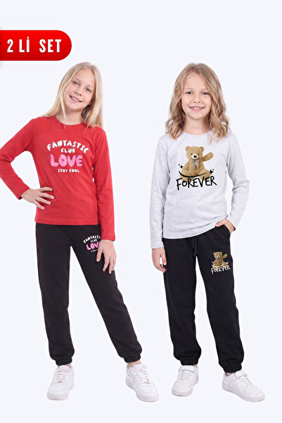 FYK KİDS Girl's 2-Piece Printed Long Sleeve Single Jersey Tracksuit Set
