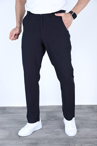 Siyah İz Men's Navy Blue Linen Trousers with Elastic Waist, Comfortable Fit, ...