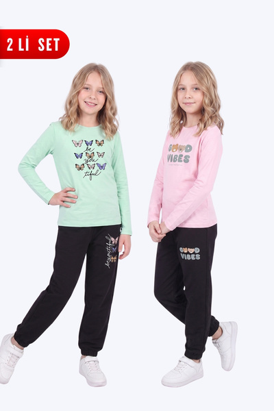FYK KİDS Girl's 2-Piece Printed Long Sleeve Single Jersey Tracksuit Set