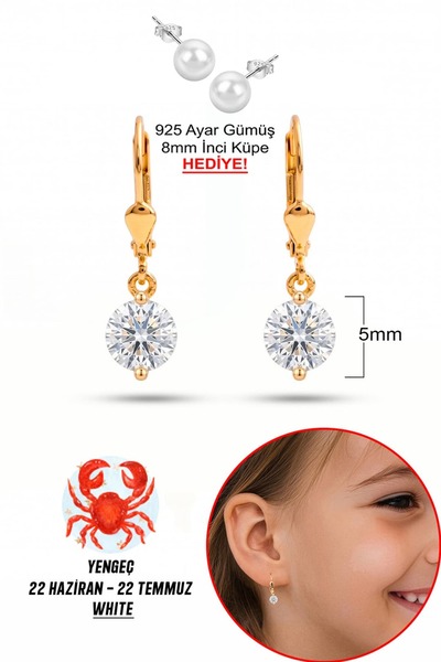 klas gümüş 925 Ayar Gümüş Çocuk Küpesi |5 mm White Taşlı Sallantılı Küpe |Yen...
