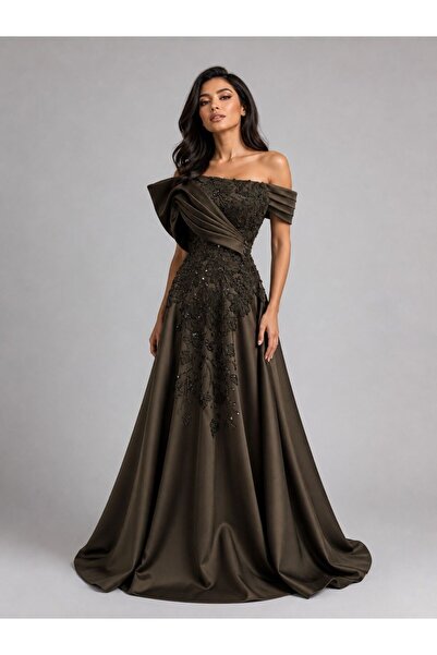 ranin Black Evening Dress with Mikado Embroidery and Double Cloche Sleeves.