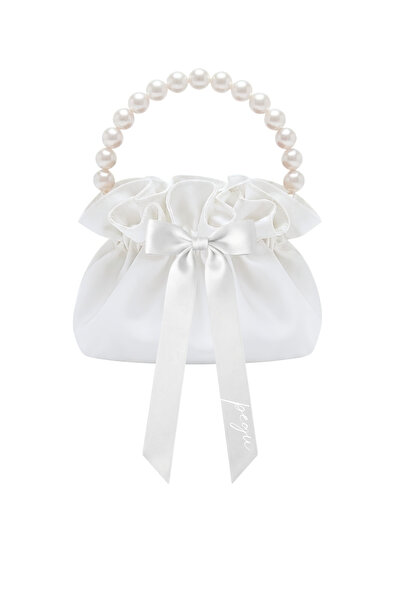 pegu baby collection White Cotton Satin Bag, with Pearl Handle, Satin Drawstr...