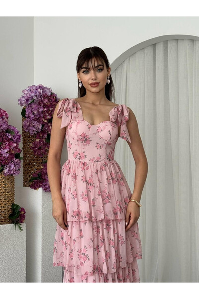 Moda Days فستان نسائي طويل من الشيفون بتصميم زهور وردية اللون مع أربطة على ال...