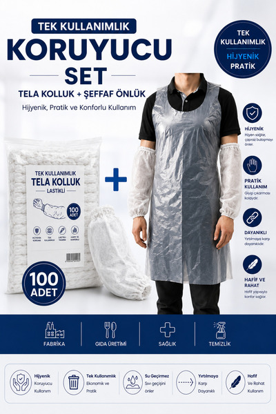 Femy TEK KULLANIMLIK NAYLON ÖNLÜK VE RİBANALI KOLLUK 100'LÜ PAKET