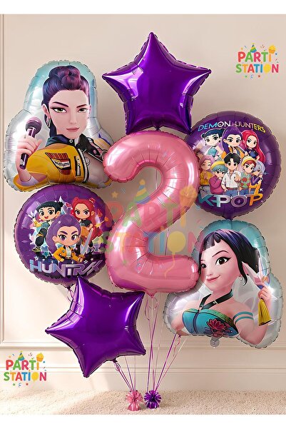 Parti Station K-Pop Balloon Set 2 Year Old Birthday Balloon Set 7 Piece Demon...