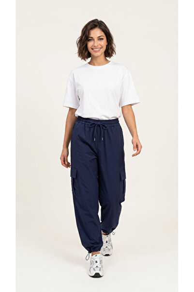 BADESSA Women's Navy Blue Oversize Parachute Fabric Slim Trousers with Cargo ...
