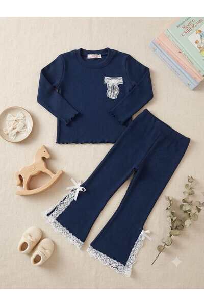 renkli diyar Girls' Pants with Slits, Lace Details, and Long-Sleeved Blouse T...