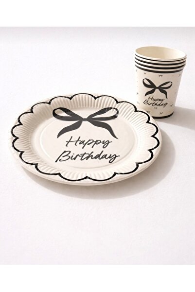 Yamello Siyah Krem Fiyonk Happy Birthday Parti Seti – 8 Adet Karton Tabak + 8...