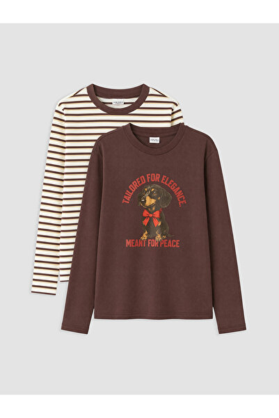 LC Waikiki Brown Crew Neck Printed and Striped Girls' 2-Piece T-Shirt
