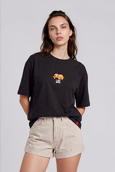 RunGear Up Women's Black T-Shirt with Minimal Sloth Animal Embroidery, 100% C...