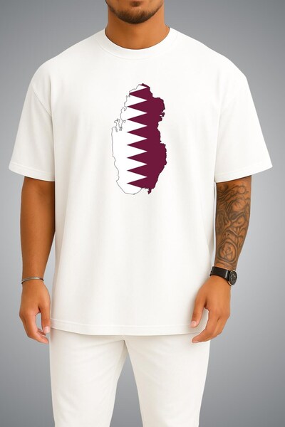 Bahriyeli Collection Oversize Qatar Flag and Map Chest Printed Unisex T-Shirt