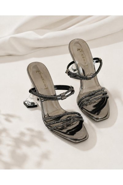 solebydilhan Women's Platinum Mirror-Look Stone-Strapped Transparent Heeled Slippers