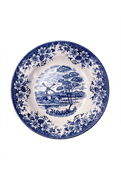 Claytan Earthenware Classic Blue Windmill & Floral Pattern Soup Pasta Plate, ...