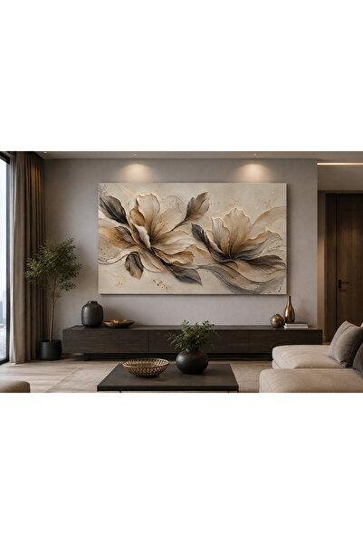 EvimeTablo Modern Soyut Çiçek Kanvas Tablo – Bej Gold Floral Duvar Tablosu – ...